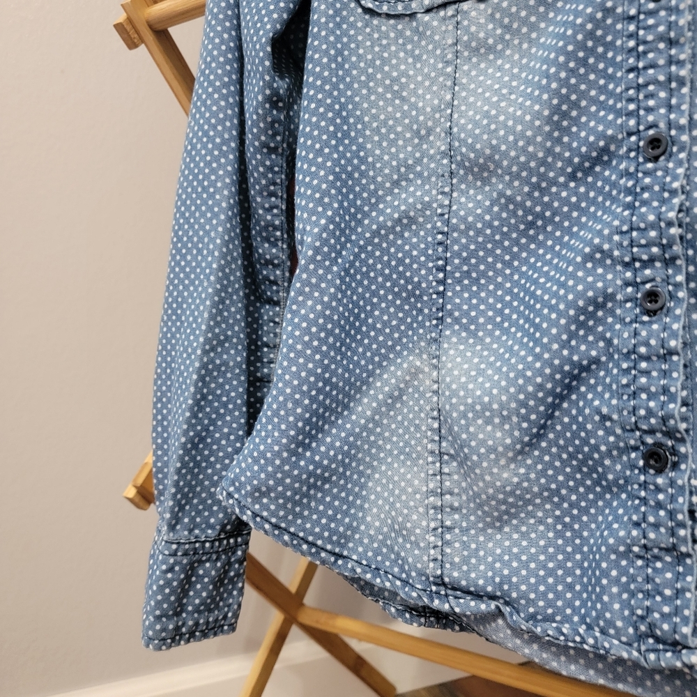 Distressed Preppy Polka Dot Denim Button-up Shirt - Picture 3 of 7